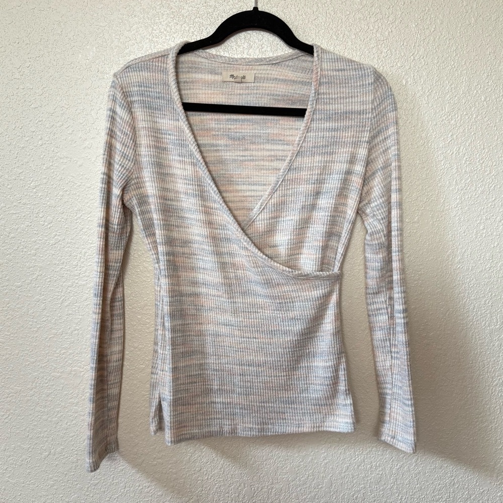 Madewell Cream Space Dye Ribbed Faux Wrap Long Sleeve Top Small